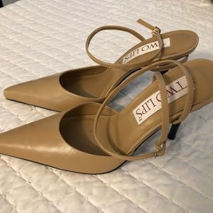 Two Lips Nude Beige Ankle Strap Sling Back Pumps